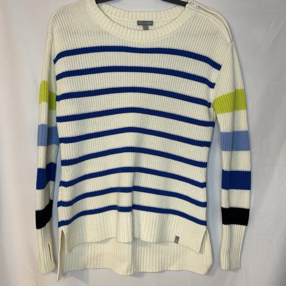 T By Talbots Womens Sweater Size MP Ivory Blue Green Stripes Thumb Hole Side Zip - Picture 1 of 13